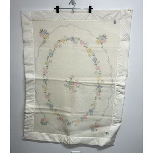 Vintage Quiltex Baby Blanket White Acrylic Nylon Trim Floral Print Blue Pink